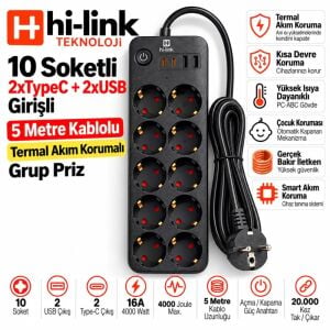 hi-link 10 Soketli 2xType-C +2xUSB Girişli 5 Metre Kablolu Akım Korumalı Grup Priz