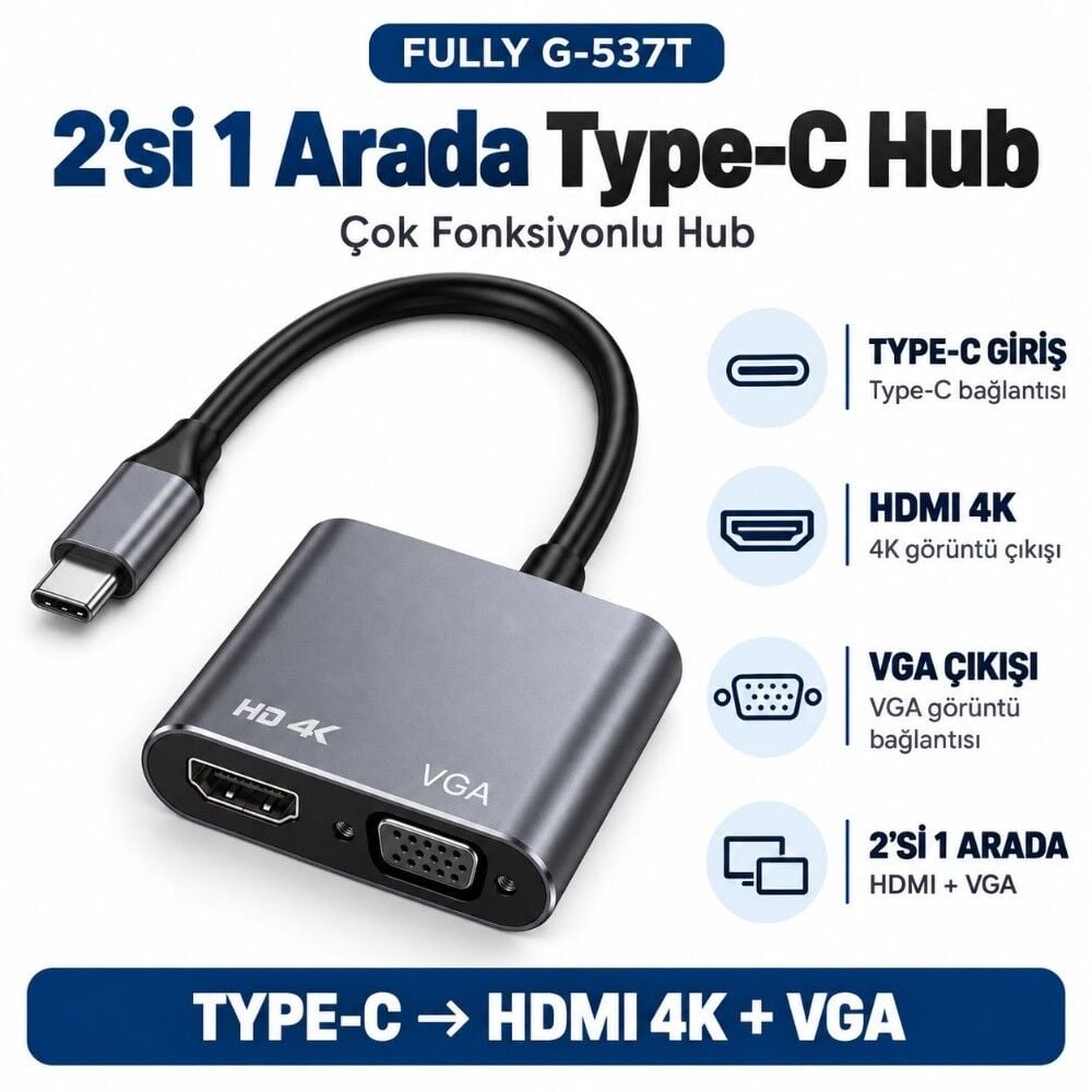 Fully 2 in 1 Type-C to HDMI 4K +VGA Çok Fonksiyonlu Hub