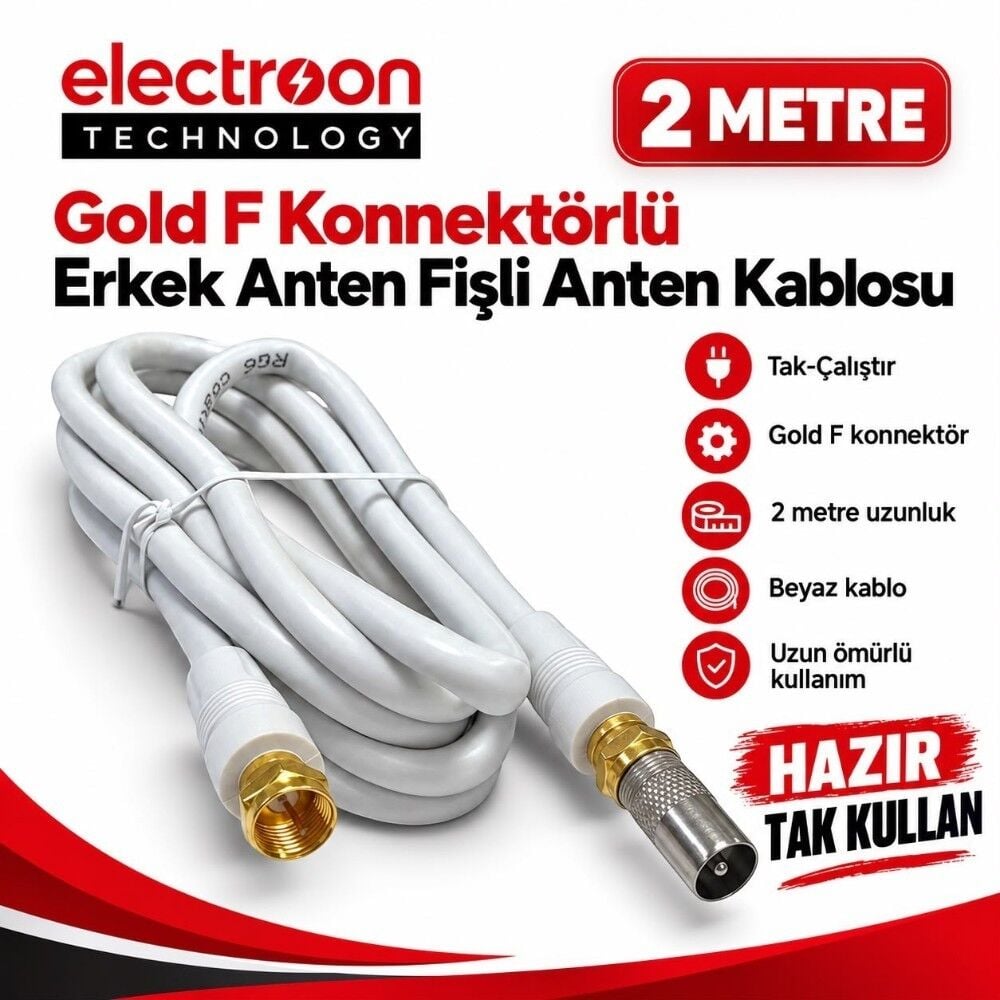 electroon 2 Metre Gold F Konnektörlü Dişi-Erkek Anten Fişli Anten Kablosu