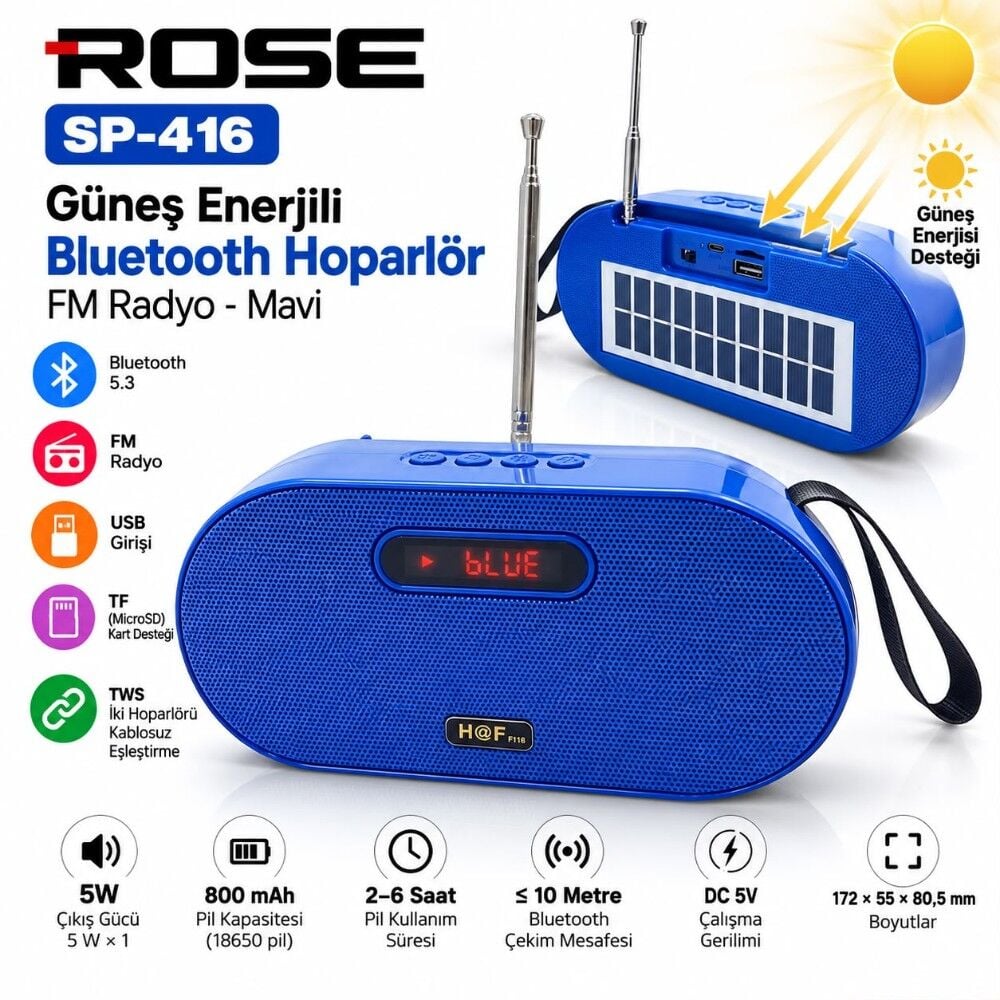 Rose SP-416 Güneş Enerjili Bluetooth Hoparlör FM Radyo - Mavi