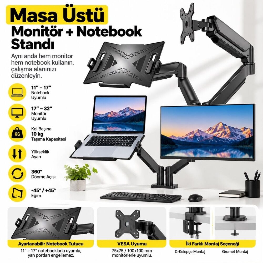 Sline M252DJ-FP2 17''-32'' Çift Kollu Masa Üstü Monitör + Notebook Standı