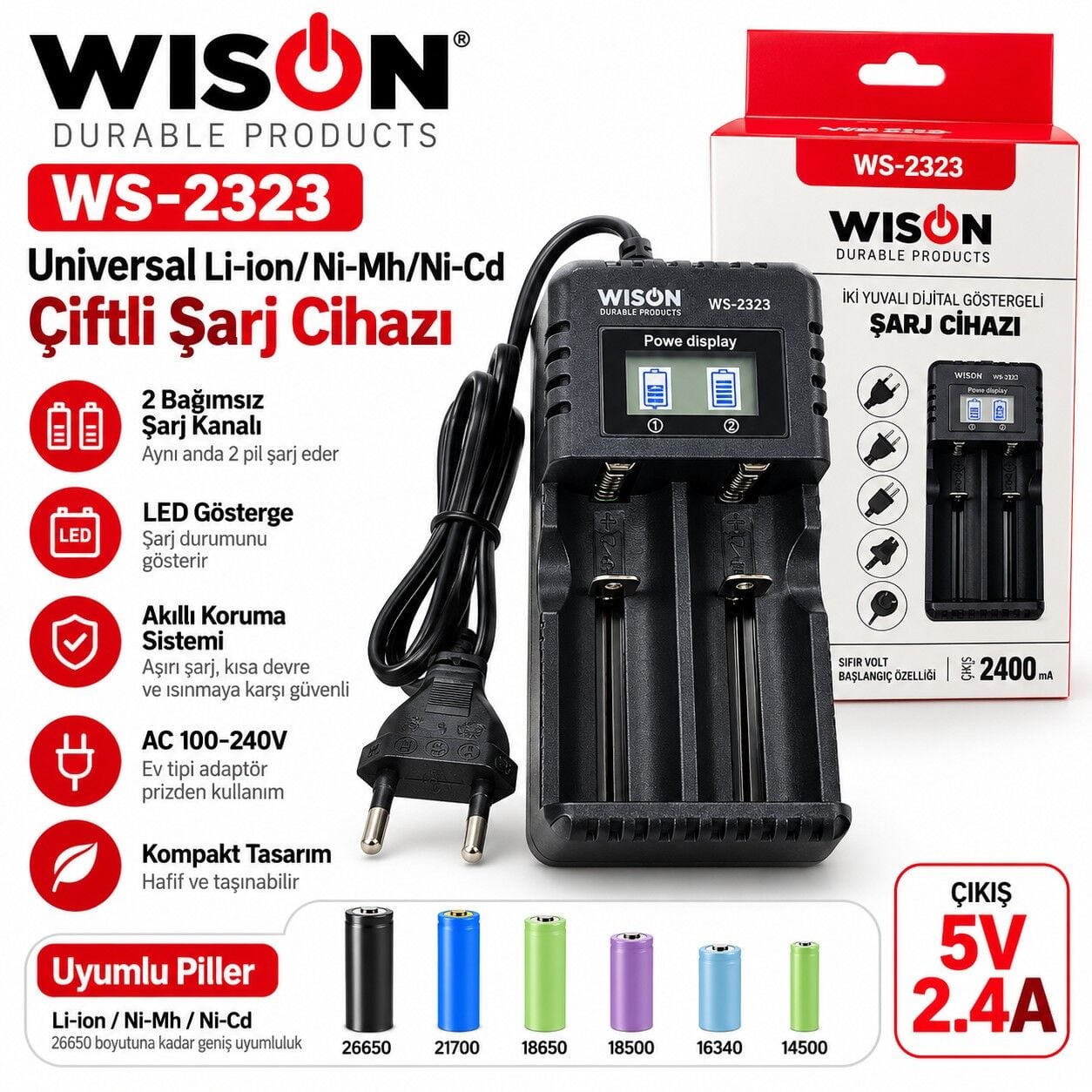 WISON WS-2323 Universal Li-ion/Ni-Mh/Ni-Cd Çiftli Şarj Cihazı