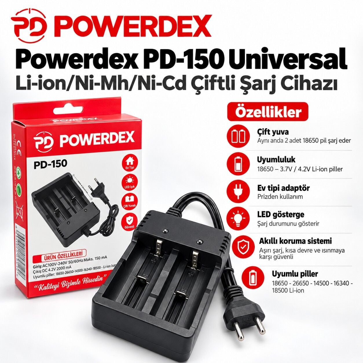 Powerdex PD-150 Universal Li-ion/Ni-Mh/Ni-Cd Çiftli Pil Şarj Cihazı