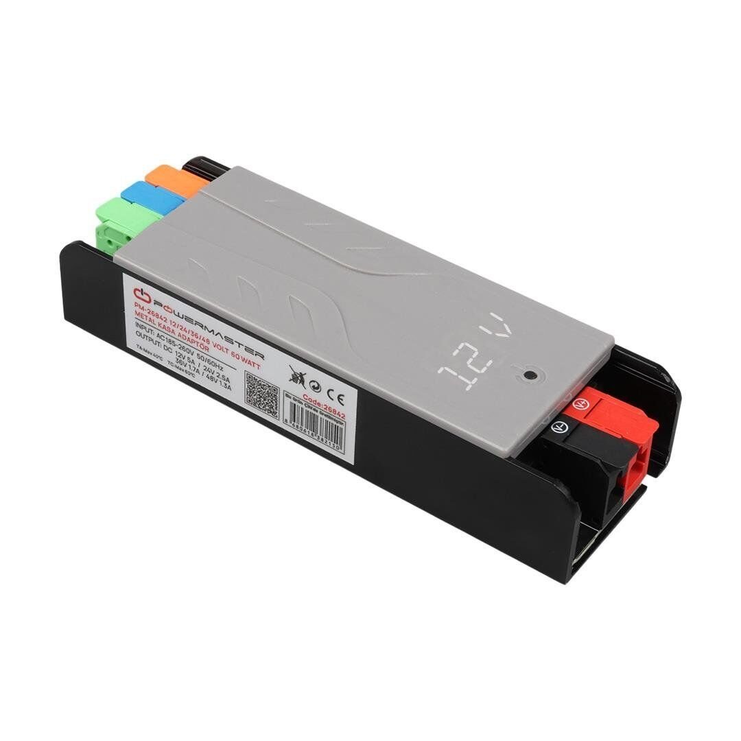 PowerMaster PM-26842 12/24/36/48Volt 3Amper 60Watt Metal Kasa Kademeli Adaptör Voltaj Göstergeli 128x42x27mm
