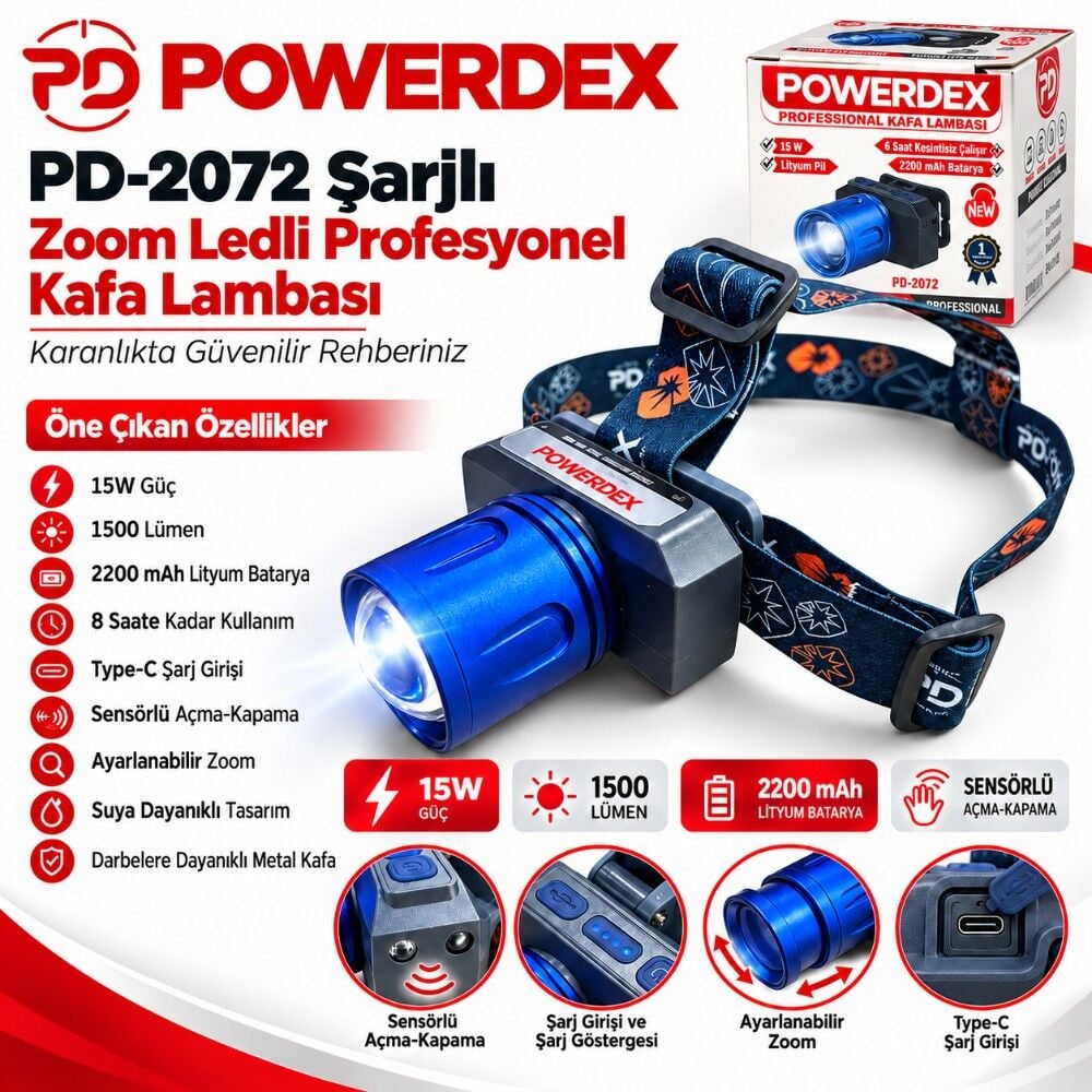 Powerdex PD-2072 Şarjlı Zoom Ledli Profesyonel Kafa Lambası El Sensörlü