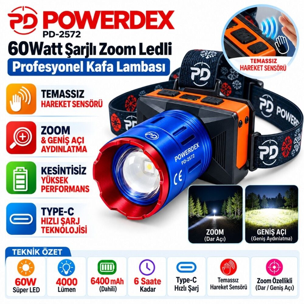Powerdex PD-2572 60W 4000 Lümen Şarjlı LED Kafa Lambası 6400mAh Sensörlü Zoomlu