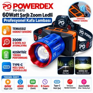 Powerdex PD-2572 60W 4000 Lümen Şarjlı LED Kafa Lambası 6400mAh Sensörlü Zoomlu