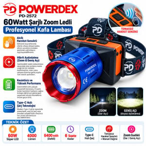Powerdex PD-2572 60W 4000 Lümen Şarjlı LED Kafa Lambası 6400mAh Sensörlü Zoomlu