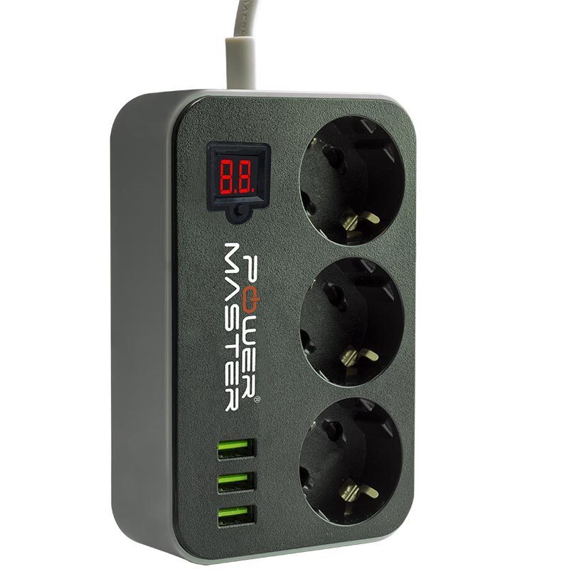 Powermaster 3xUSB Girişli 3'lü 1.8Metre 2500W Dijital Akım Korumalı Priz