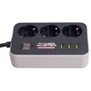 Powermaster 3xUSB Girişli 3'lü 1.8Metre 2500W Dijital Akım Korumalı Priz