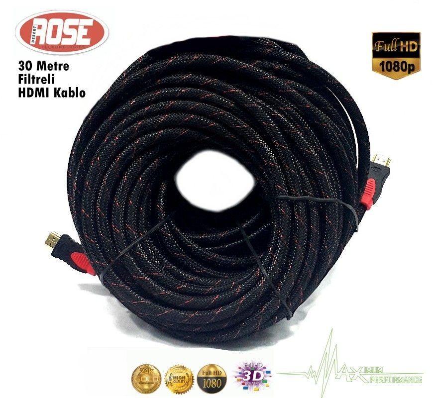 ROSE 30Metre HDMI Kablo Filtreli+Örgülü Full HD 1080p