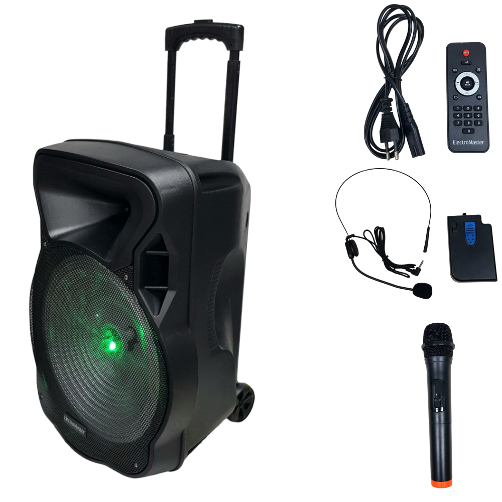 Electromaster ES-3845 15'' Portatif Taşınabilir Ses Sistemi 200Watt 1El Telsiz+1Yaka Telsiz