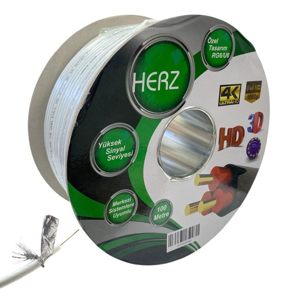 HERZ RG6U6 Uydu Anten Kablosu 100Metre Beyaz 64Tel