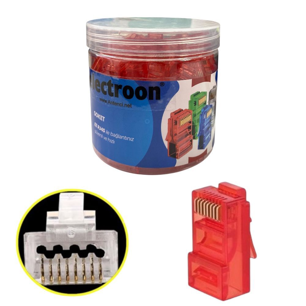 electroon Kırmızı CAT6 EZRJ45 Açık Uçlu Soket 8P/8C - 100Adet