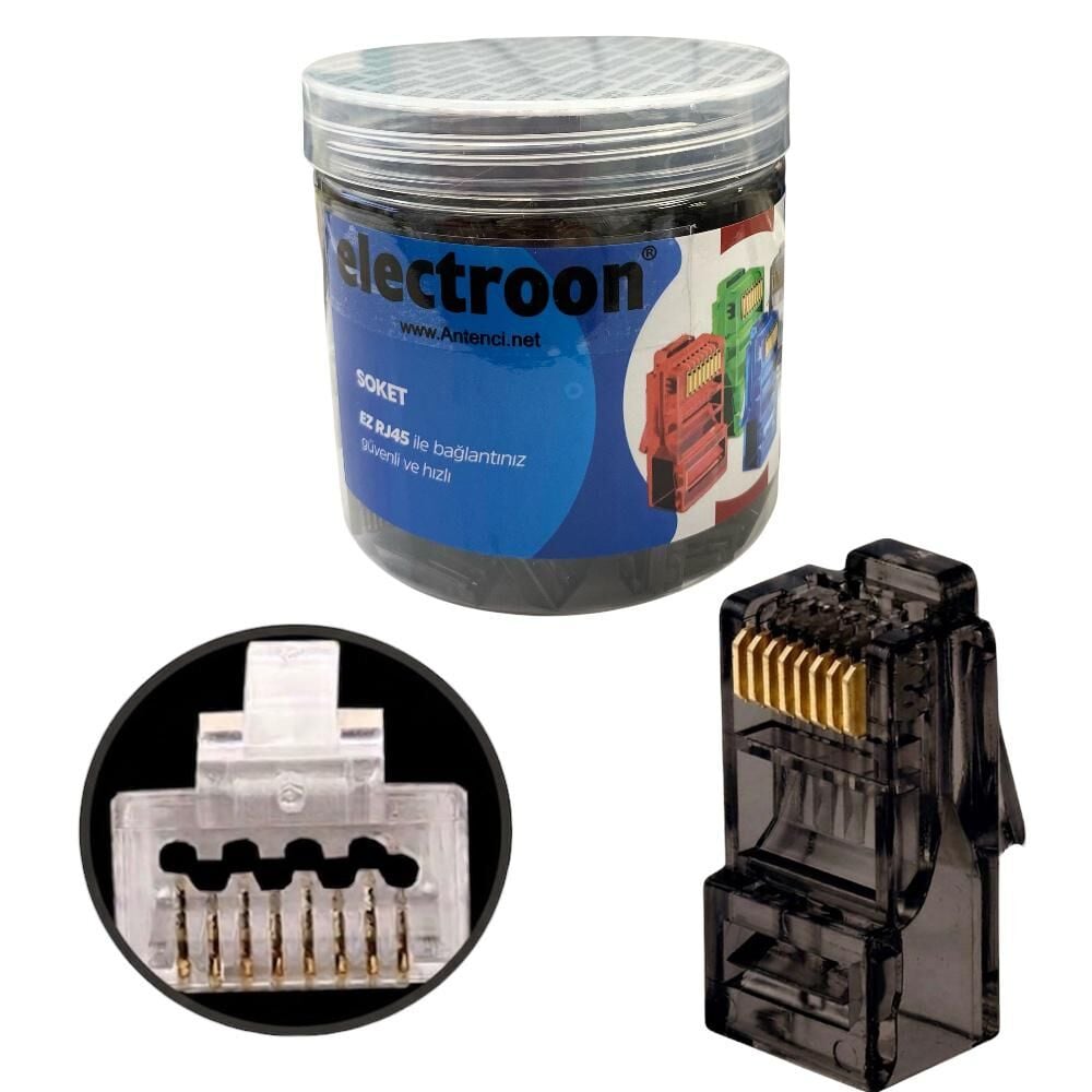 electroon Siyah CAT6 EZRJ45 Açık Uçlu Soket 8P/8C - 100Adet