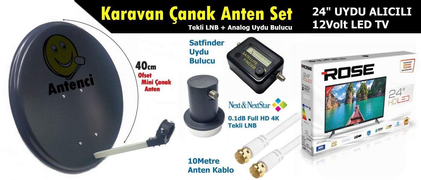Antenci 40cm Karavan Çanak Anten Seti +24'' Uydu Alıcılı LED TV