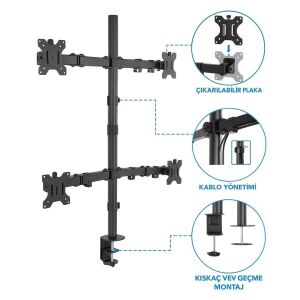 Sline M054 13-27'' Hareketli Dört Kollu Masa Üstü Monitör Standı