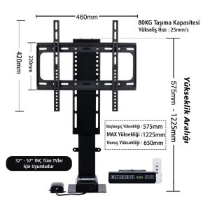 electroon 32'' - 57'' İnç Ayarlanabilir Yükseklik Uzaktan Kumandalı TV Kaldırma Lift Asansörü
