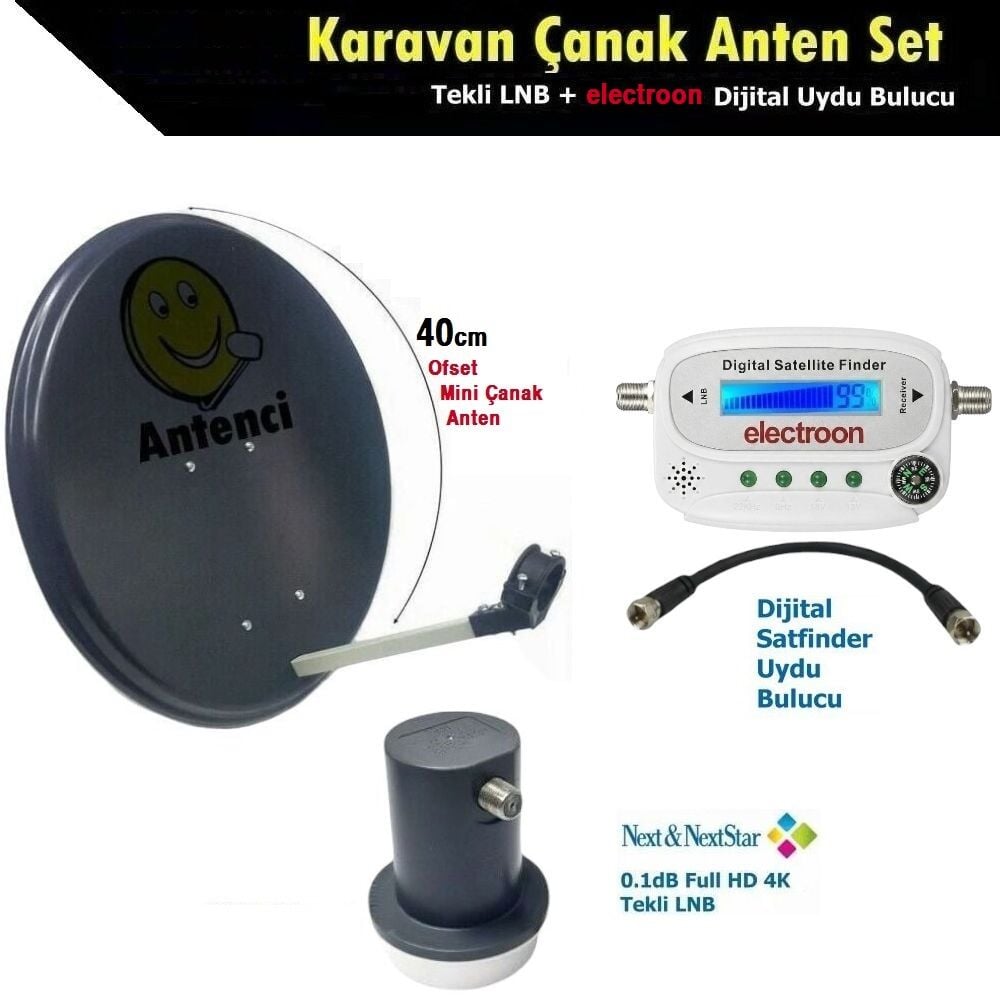 Antenci 40cm Karavan Çanak Anten Seti + Next Tekli LNB + electroon Dijital Uydu Bulucu
