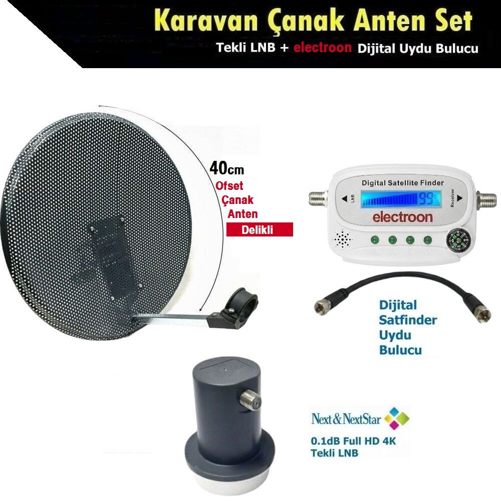 Antenci 40cm Delikli Karavan Çanak Anten Seti + Next Tekli LNB + electroon Dijital Uydu Bulucu