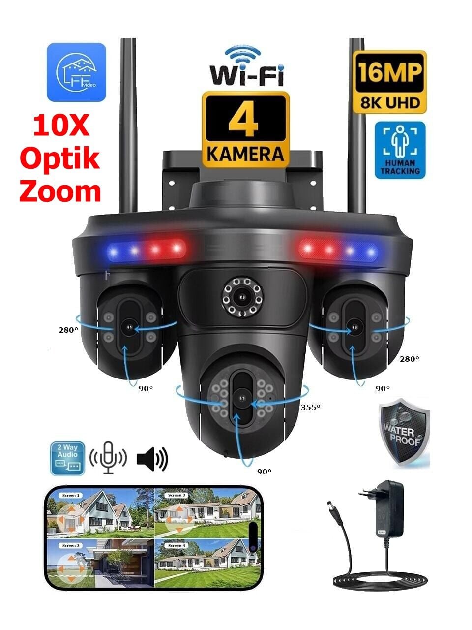Avenir AV-S316X 10X Optik Zoomlu 4 Kameralı 16MP 3 PTZ Dönebilen Wifi Sesli Kamera