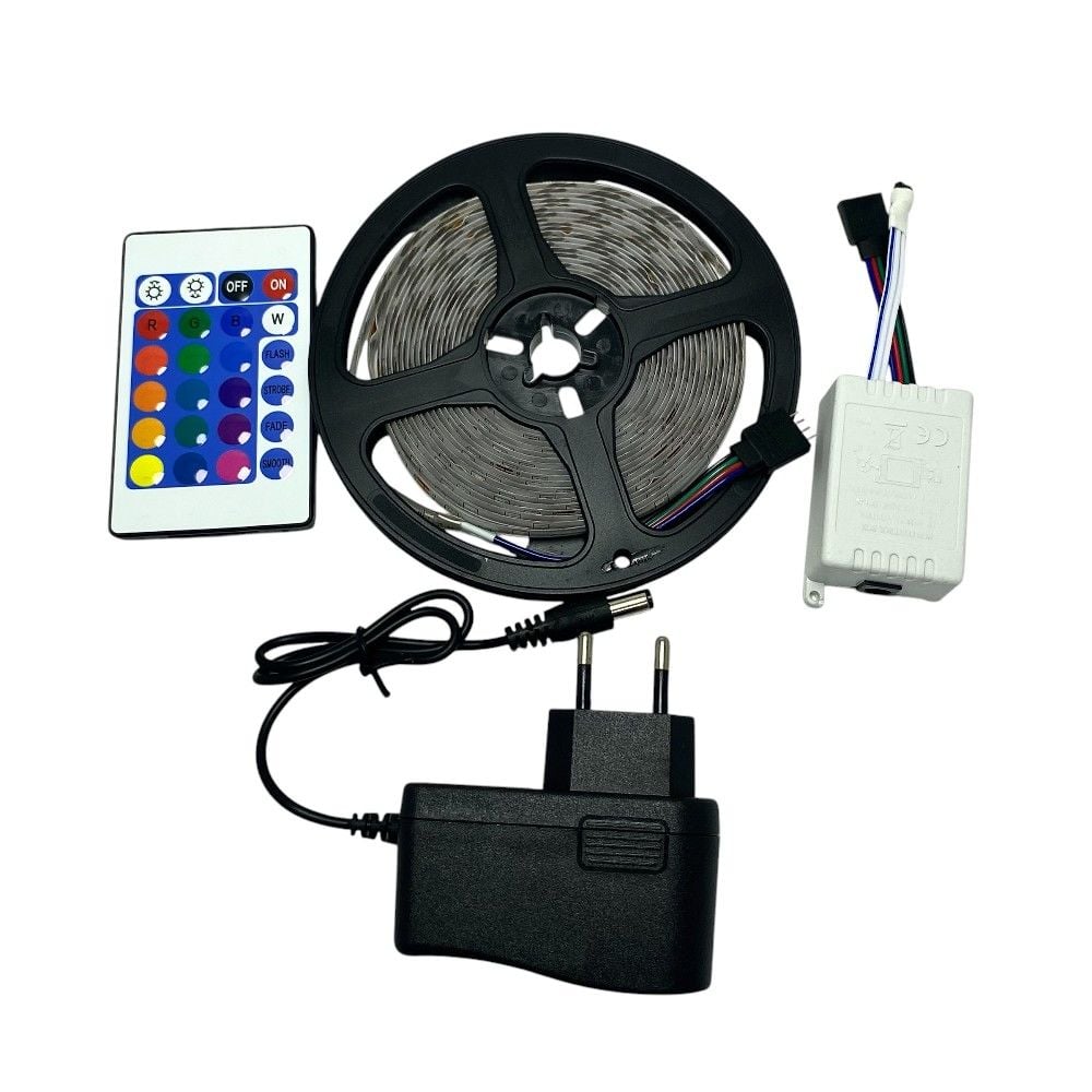 electroon Silikonlu Kumandalı Adaptörlü Tek Çip Rgb Şerit Led 5Mt