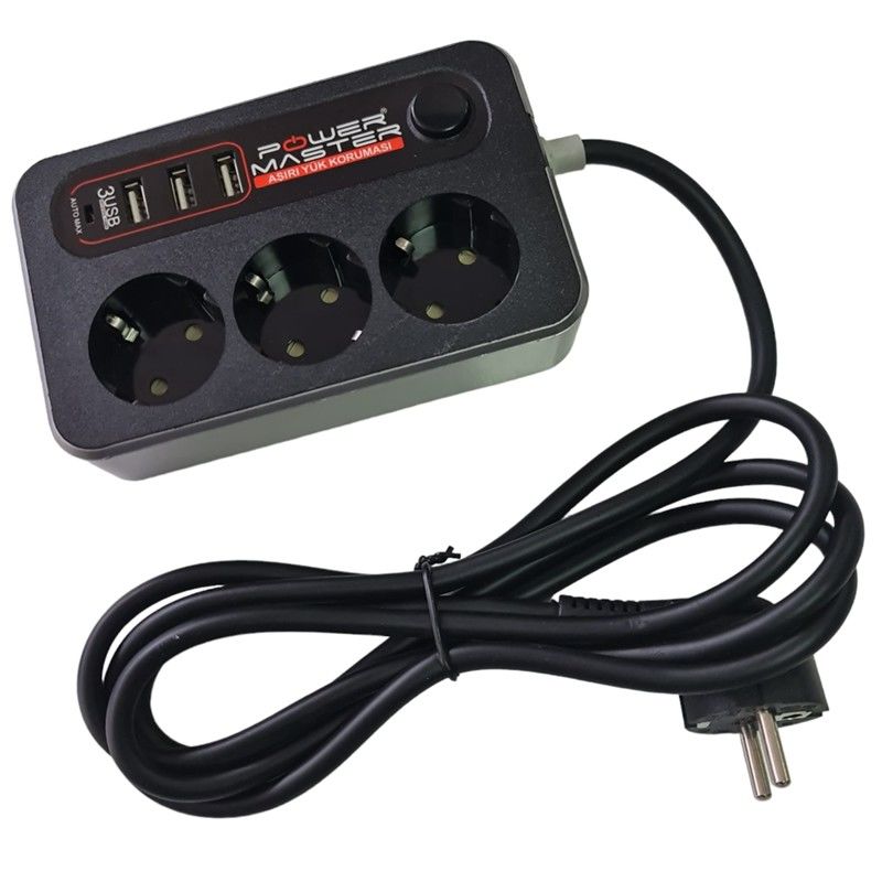 Powermaster 3xUSB Girişli 3'lü 1.8Metre Akım Korumalı Priz