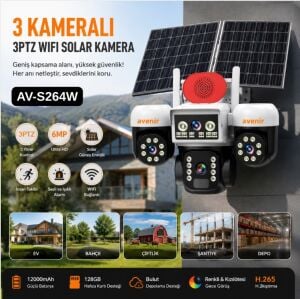 Avenir AV-S264W Beyaz 3 Kameralı 6MP Güneş Panelli Solar Wifi PTZ Kamera