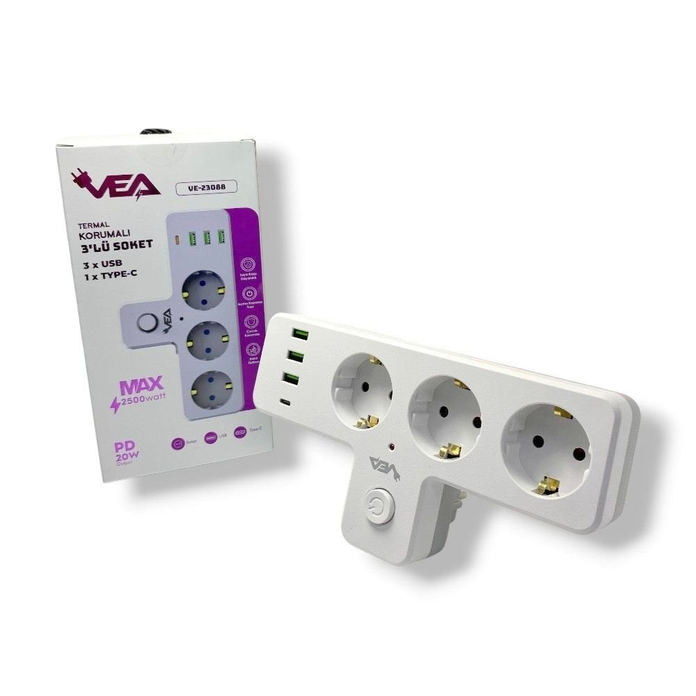 VEA VE-23088 3 Soketli 3xUsb+Type-C Çocuk ve Termal Akım Korumalı Anahtarlı Priz