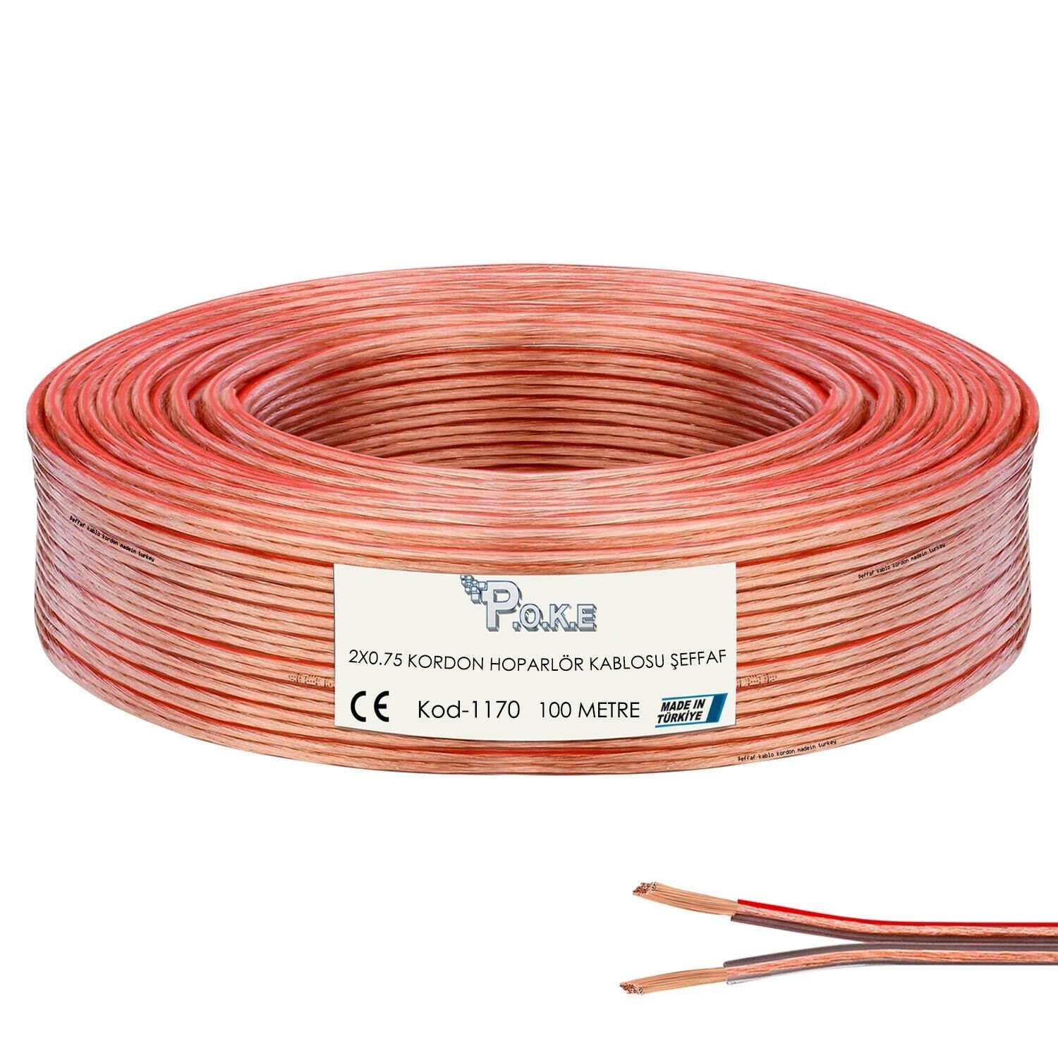 Poke Kablo PK-1170 2x0.75mm Hoparlör Kablosu 100Metre Şeffaf
