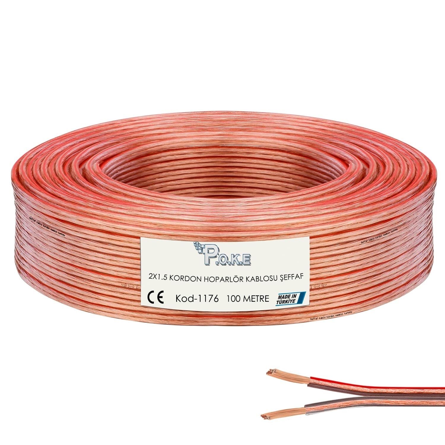 Poke Kablo PK-1176 2x1.5mm Hoparlör Kablosu 100Metre Şeffaf