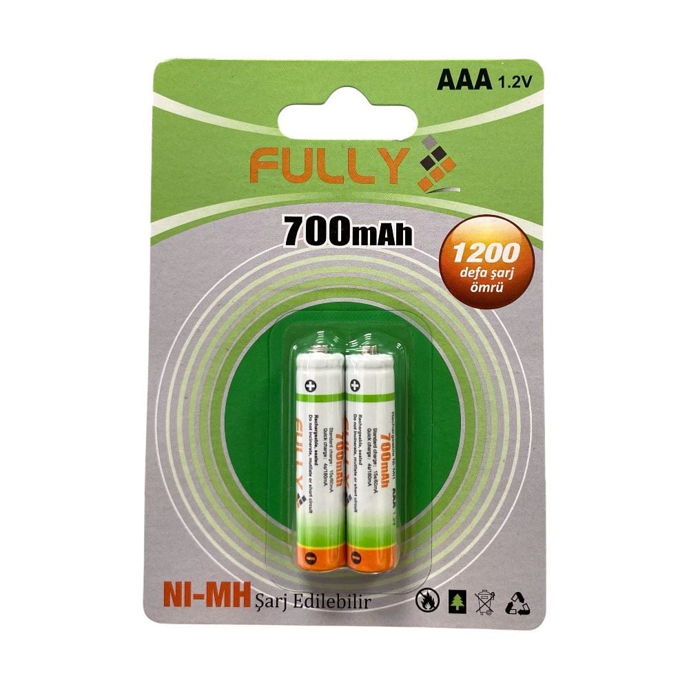 Fully 1.2Volt AAA 700mAh Şarjlı  İnce Kalem Pil - 2 Adet