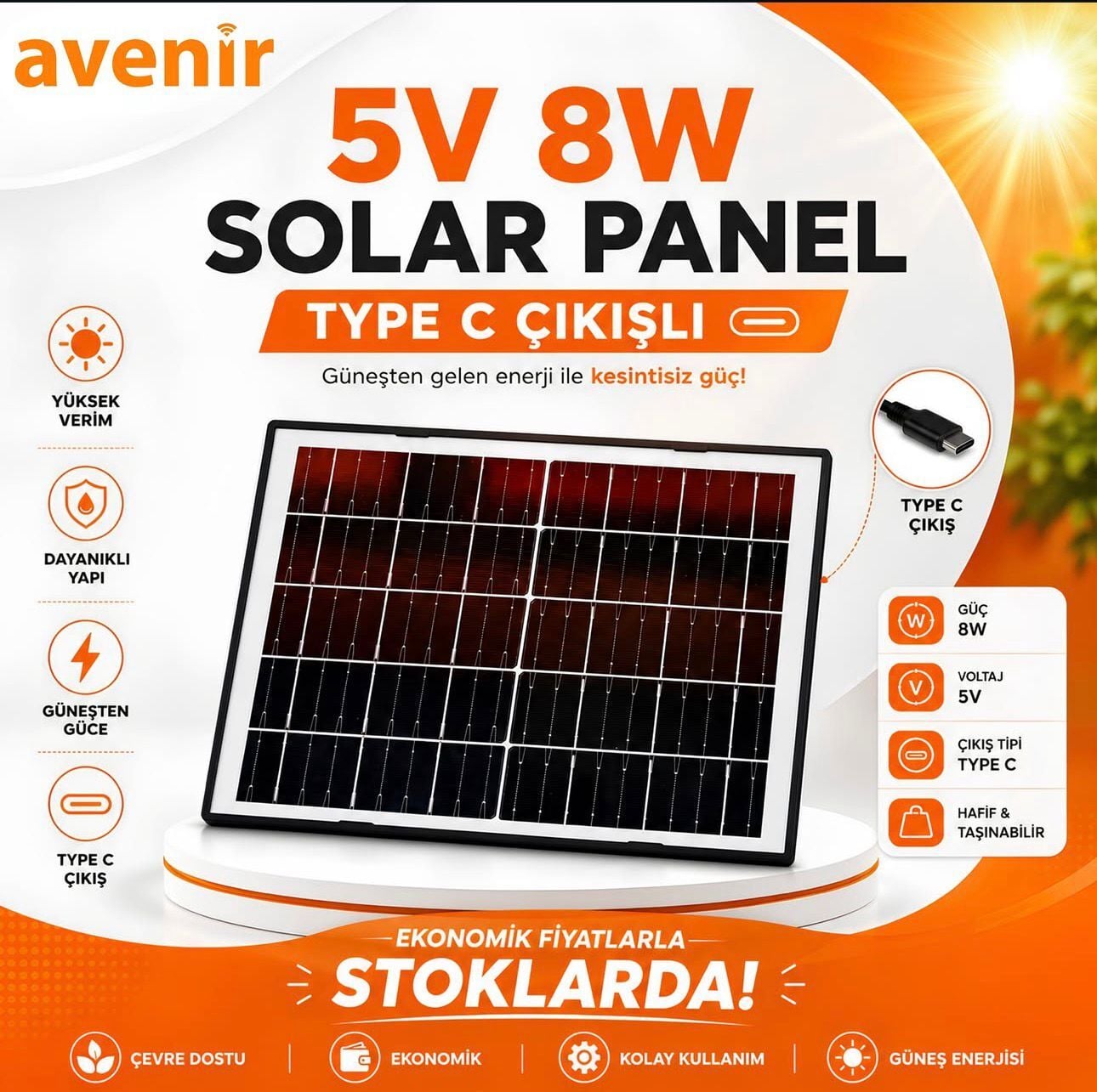 Avenir 5Volt 8Watt Type-C Çıkışlı Solar Panel
