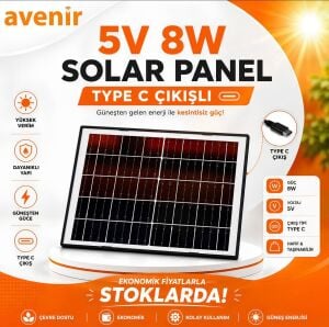 Avenir 5Volt 8Watt Type-C Çıkışlı Solar Panel