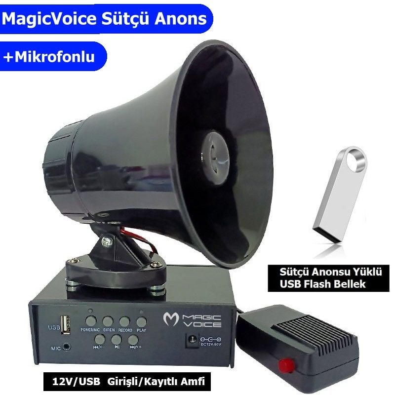 MagicVoice MV-800 Sütçü Anons Sistemi Hazır Set +Mikrofonlu
