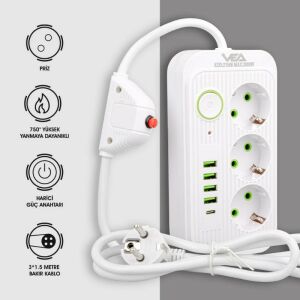 Vea VA-21566 4xUSB+Type-C 3'lü 1.5 Metre Akım Korumalı Priz Beyaz