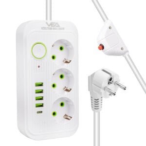 Vea VA-21566 4xUSB+Type-C 3'lü 1.5 Metre Akım Korumalı Priz Beyaz