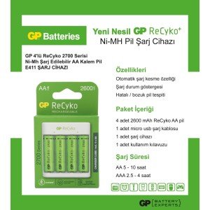 GP E411 4x 2700 AA Kalem Pilli USB Pil Şarj Cihazı