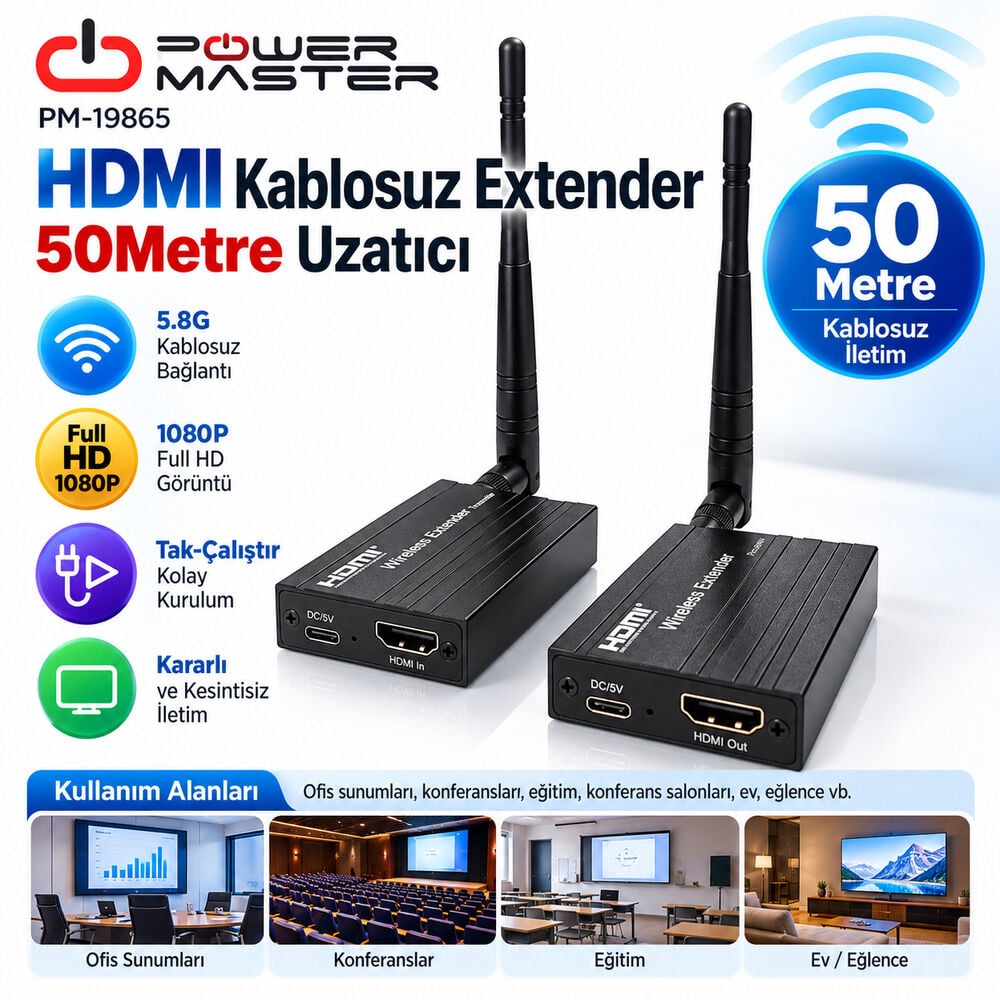 Powermaster PM-19865 HDMI Kablosuz Extender 50Metre Uzatıcı