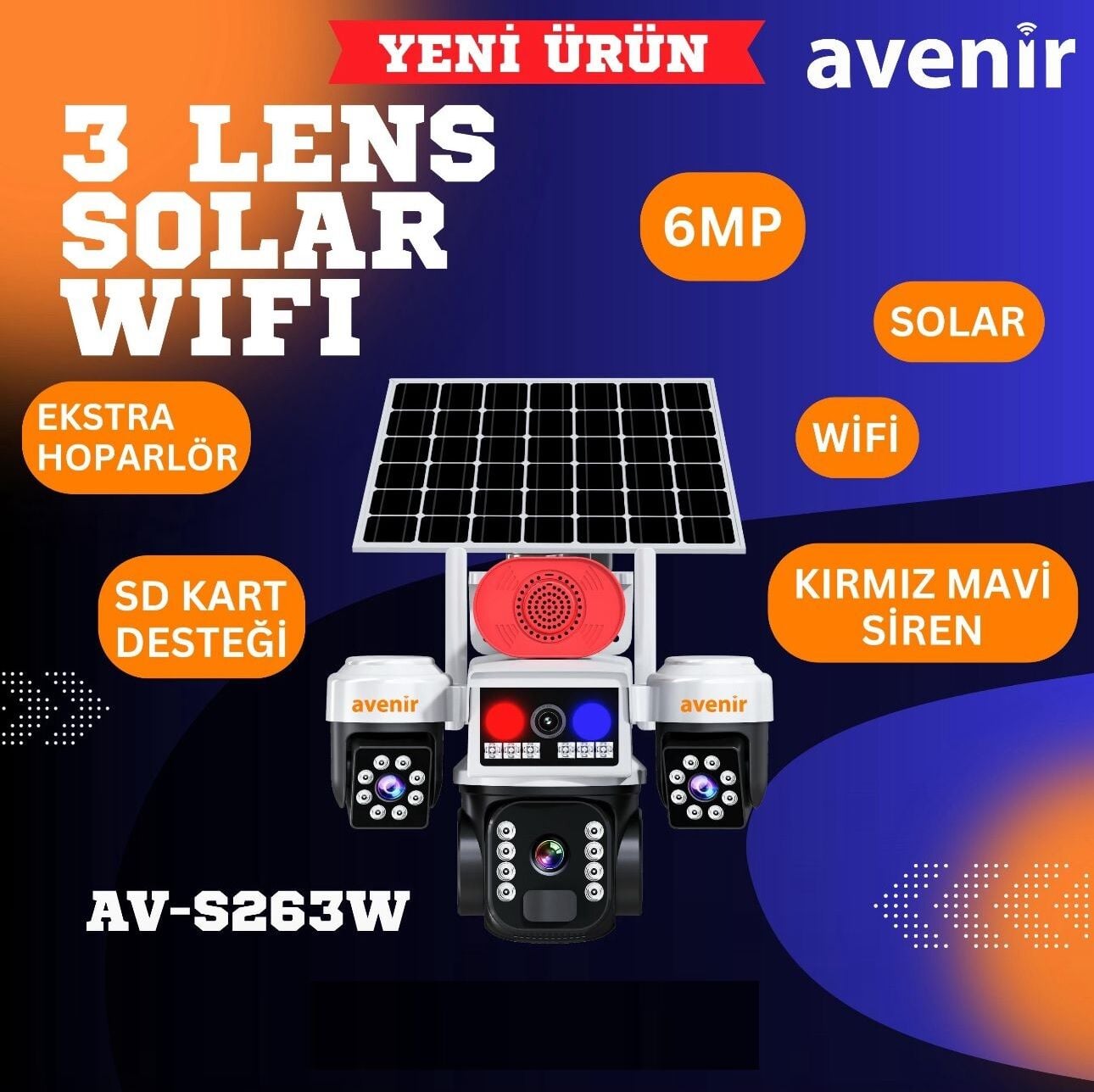 Avenir AV-S263W Beyaz 3 Kameralı 6MP Güneş Panelli Solar Wifi PTZ Kamera