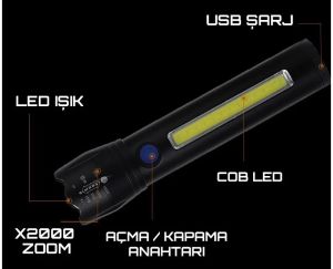 Powermaster Metal Flashlight Power Ledli Şarjlı El Feneri PM-14621