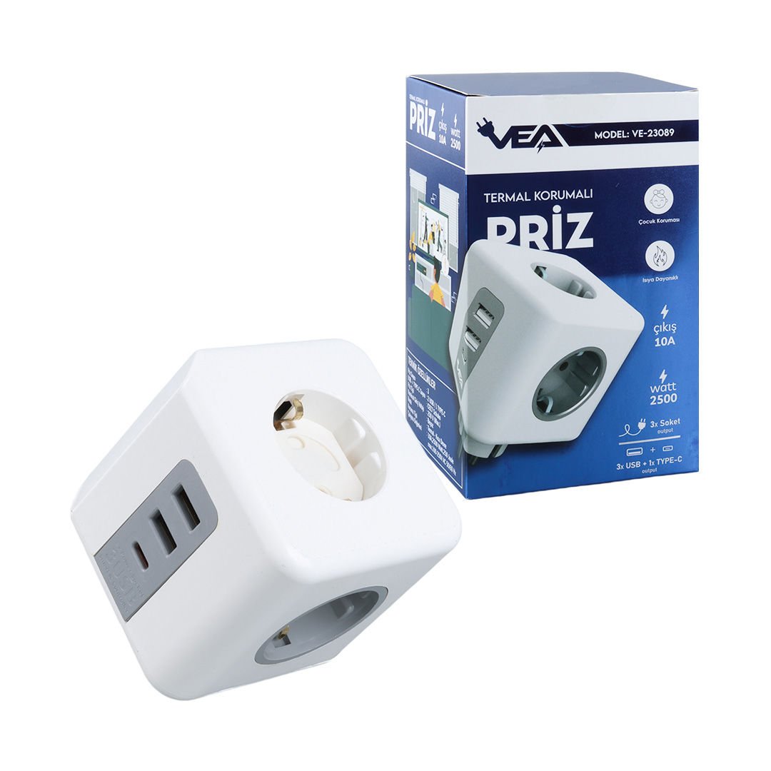 VEA VE-23089 3 Soketli 2xUsb+Type-C Çocuk ve Termal Akım Korumalı Priz
