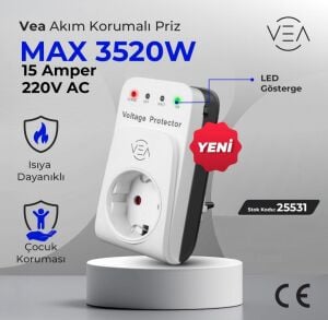 Vea VE-25531 15A 3520W Aşırı Yüksek Gerilim Akım Korumalı Priz