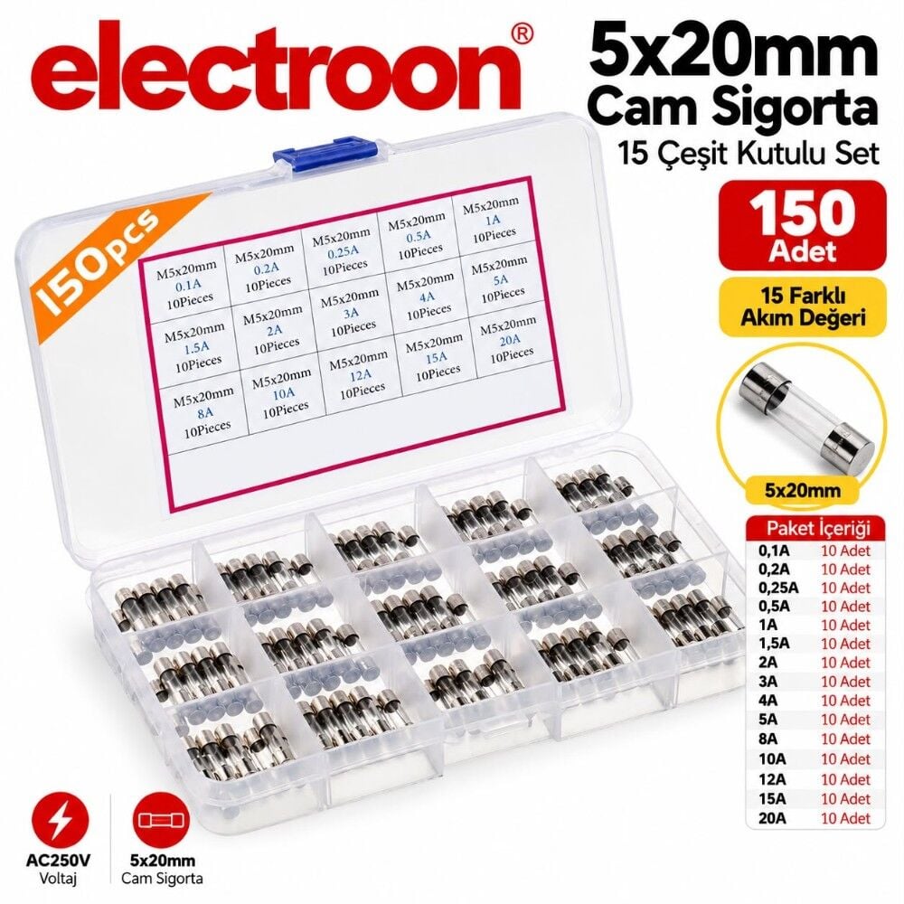 electroon 5x20mm Cam Sigorta 150Adet 15 Çeşit Kutulu Set