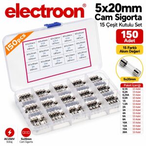 electroon 5x20mm Cam Sigorta 150Adet 15 Çeşit Kutulu Set