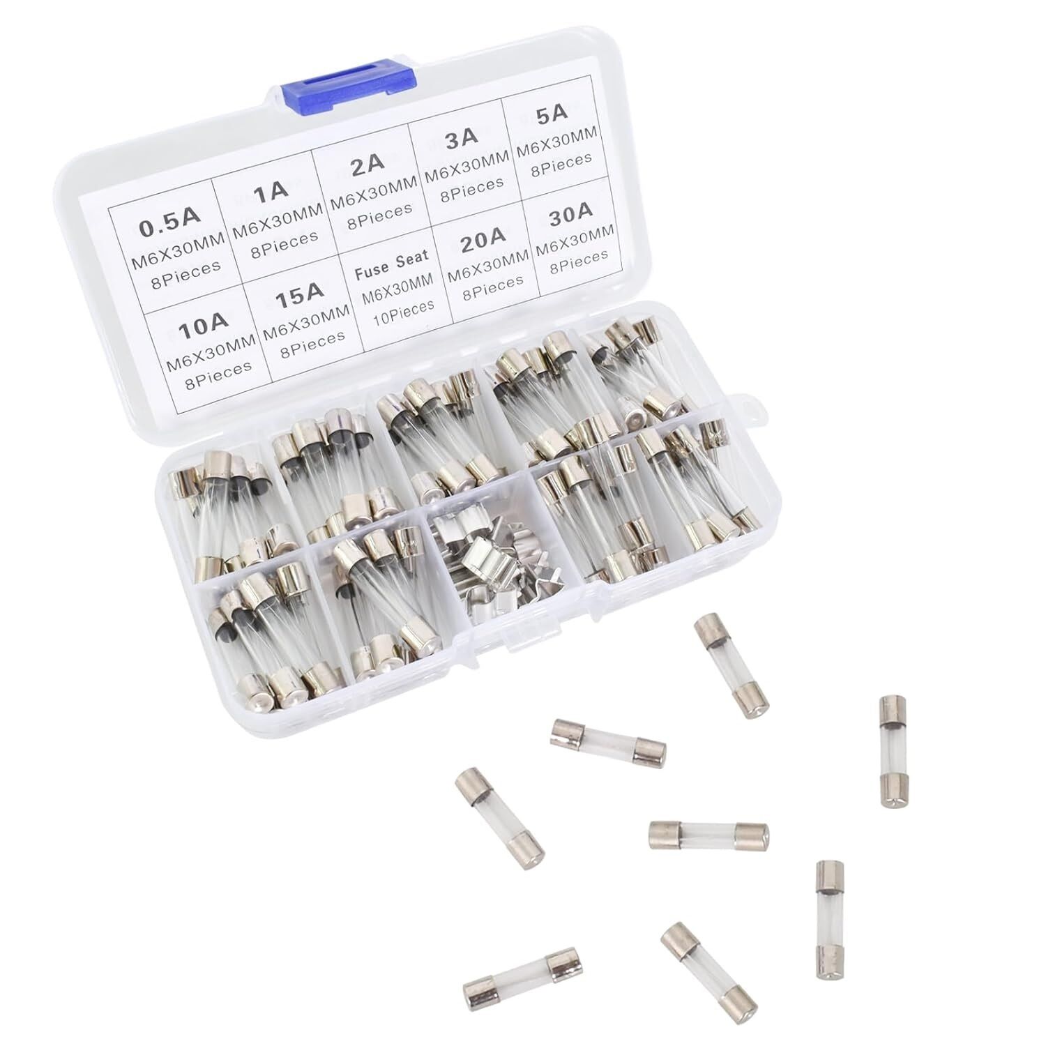 electroon 6x30mm Büyük Cam Sigorta 72Adet 9 Çeşit Kutulu Set