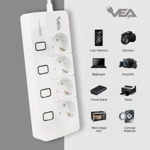 Vea VE-XMAN104 A Class 4x Anahtarlı 1.5 Metre 4lü Grup Priz 16A 4000W