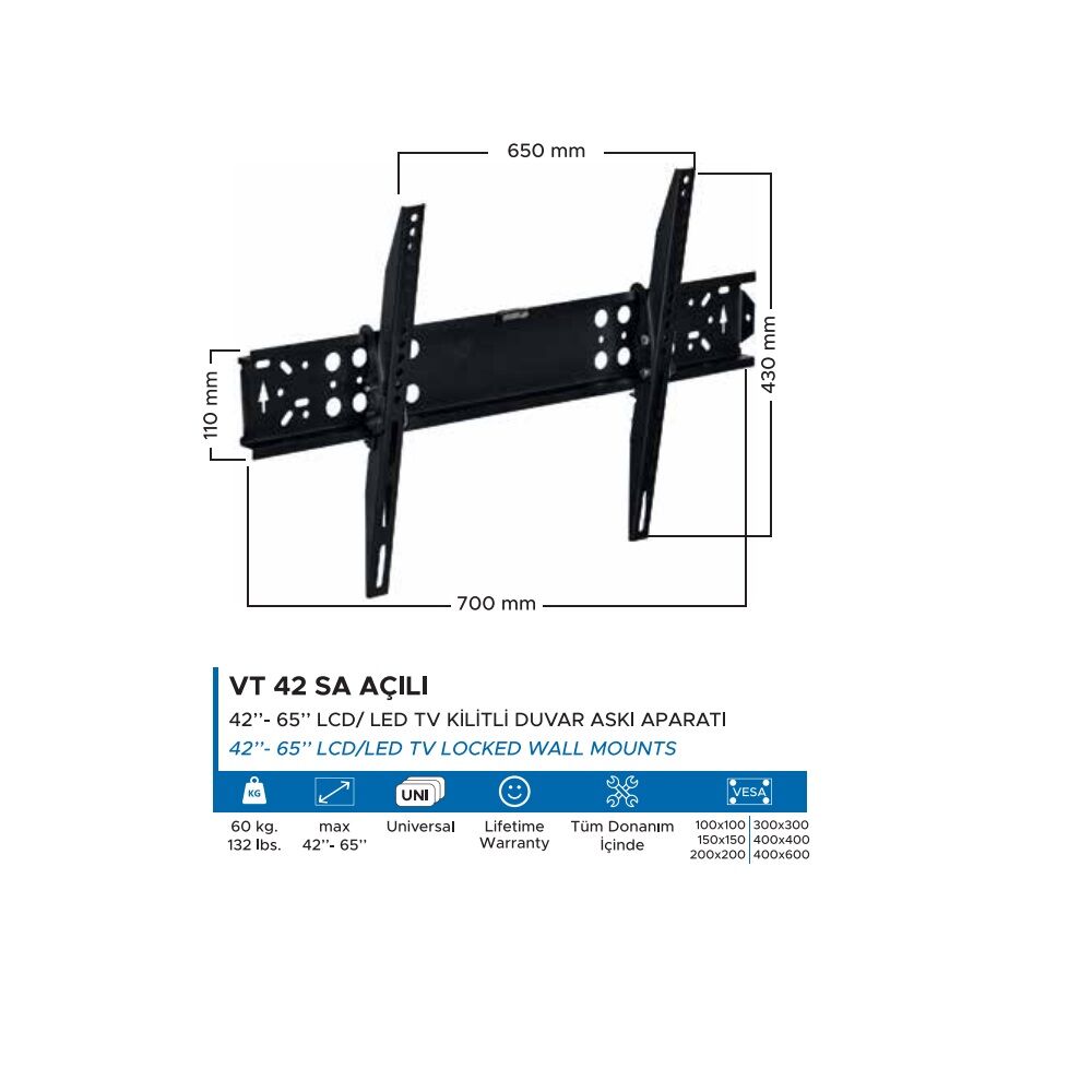 VONTECH VT-42 SA 42-65'' Kilitli Açılı Sabit LCD-LED TV Askı Aparatı