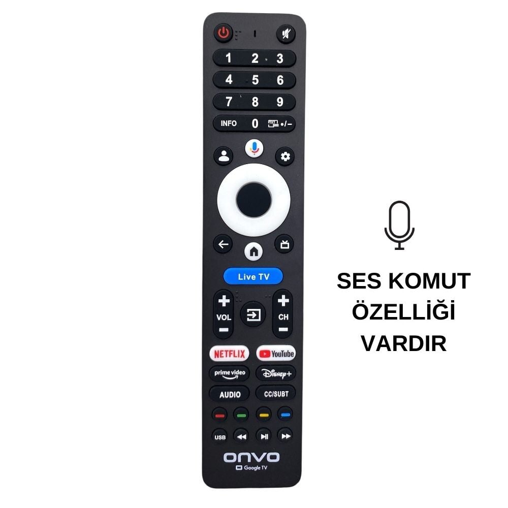 Onvo Google TV Orjinal Logolu Kumanda Live TV Tuşlu - Ses Komutlu