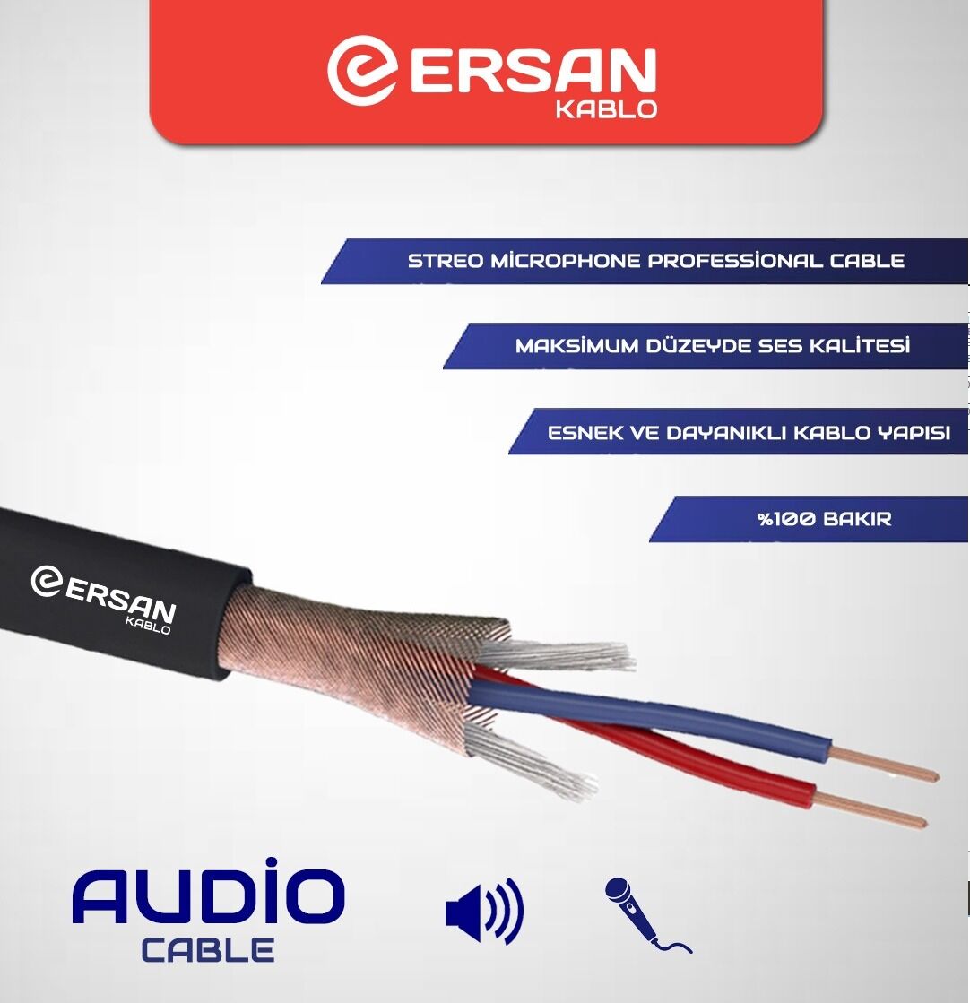 Ersan 2x0.22mm Profesyonel Stereo Mikrofon ve Enstrüman Seslendirme Kablosu 100Metre Bakır